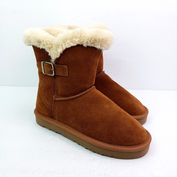 Style & Co Tiny2 Womens Sz 6 Chestnut Leather Mid Calf FauxFur Snow Winter Boots - Picture 1 of 12